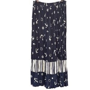 Vintage 90s Nautical Print Rayon Maxi  Broomstick Skirt Coastal Chic Americana